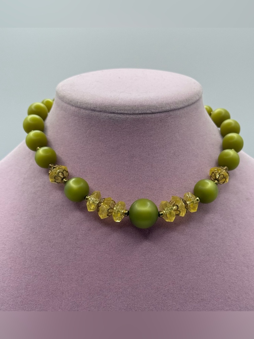 Vintage Olive Green moon glow plastic  Bead Necklace